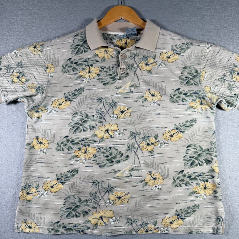 Ocean Pacific Mens Ribbed Tropical Floral Polo Shirt Tan Short Sleeve Small OP